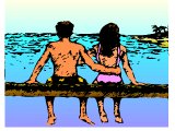 Man & woman, arm in arm, on sea-side holiday